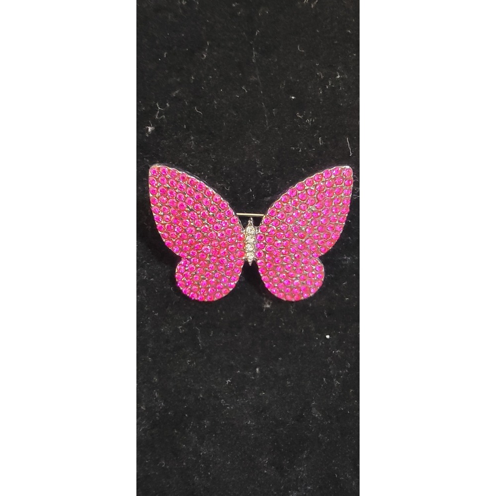 Hot Pink Rhinestone Butterfly Brooch Pin Fuchsia Crystal Silver Tone Jewelry